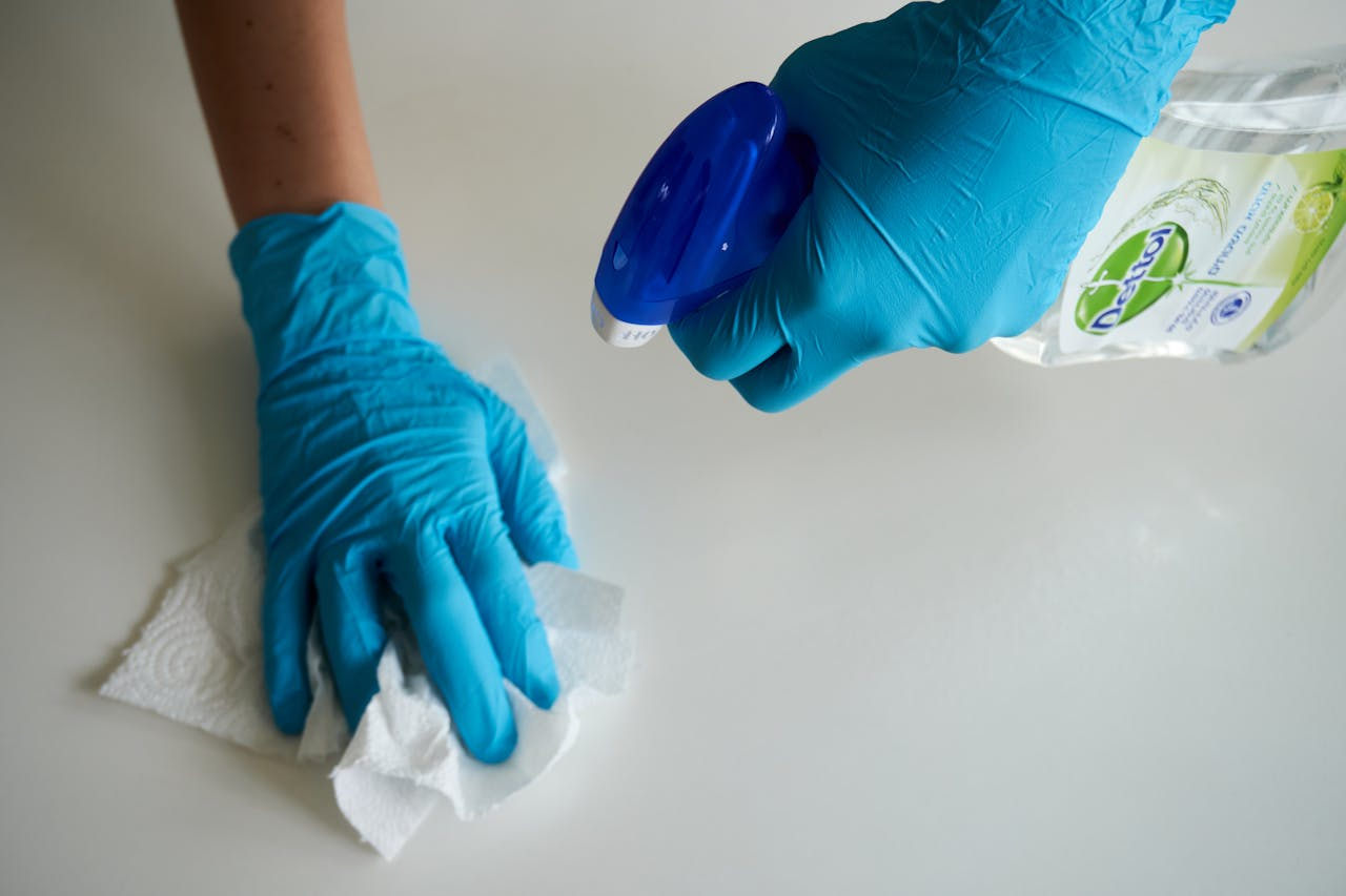 Close-up of hands wearing gloves cleaning a surface with disinfectant spray.
